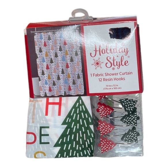 Holiday Style New Multi Color Trees Fabric Shower Curtain Set 12 Resin Hooks - Picture 1 of 3